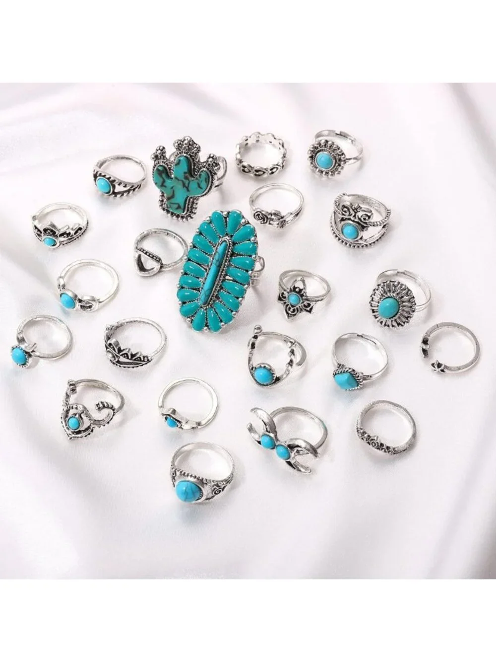 Vintage Silver Knuckle Rings Set - 36-40 Pcs Boho Turquoise Gemstone Jewelry